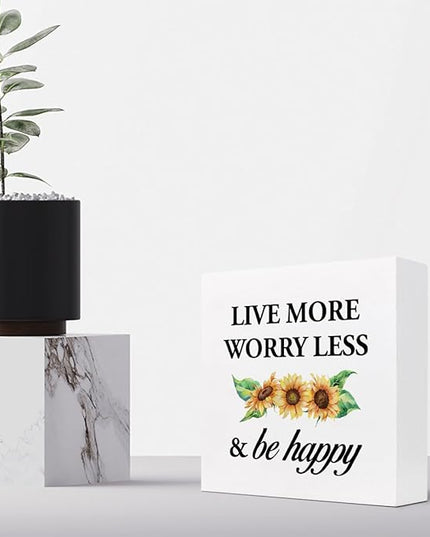 Live More Worry Less and Be Happy Sunflower Wood Block Sign Desk Decor,Rustic Inspirational Wooden Box Plaque Sign Desk Decor for Home Bedroom Living Room Office Shelf Table Decorations - LeafyLoom