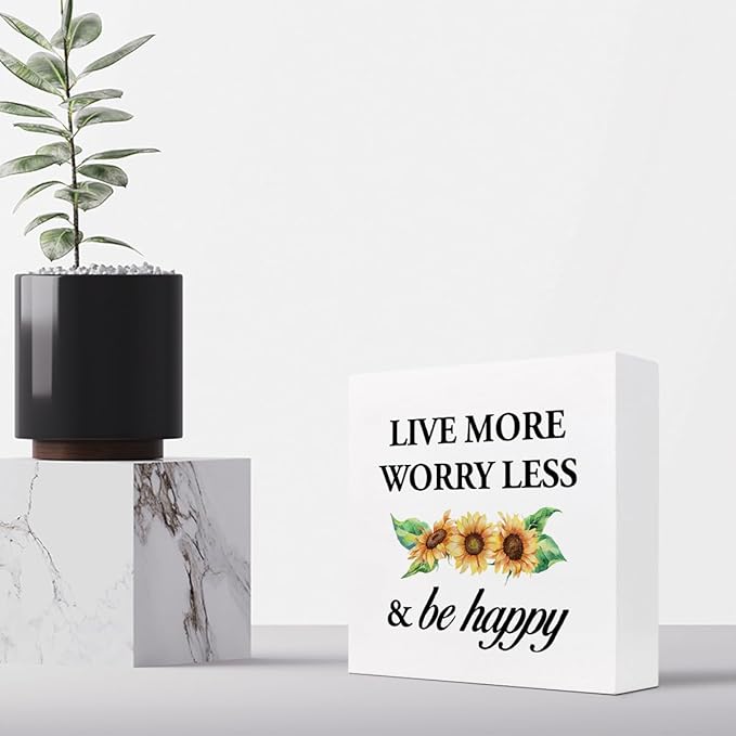 Live More Worry Less and Be Happy Sunflower Wood Block Sign Desk Decor,Rustic Inspirational Wooden Box Plaque Sign Desk Decor for Home Bedroom Living Room Office Shelf Table Decorations - LeafyLoom