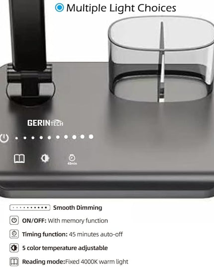 GERINTECH Dual Shade LED Desk Lamp with USB Charging Port & Pen Holder, Bright Table Lamp with Auto Shut-off Timer, 10 Adjustable Brightness, 5 Color Modes (Black) - LeafyLoom