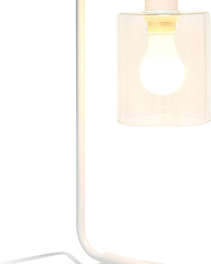 Simple Designs LD1066-WHT-LB Industrial Vintage Bronson Iron Lantern Desk Table Lamp with USB Port and Glass Cylinder Shade for Office, Living Room, Bedroom, White, with Feit LED Bulb Included - LeafyLoom