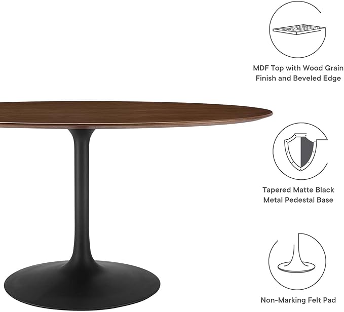 Modway Lippa 60" Oval-Shaped Mid-Century Modern Dining Table with Walnut Top and Black Base - LeafyLoom