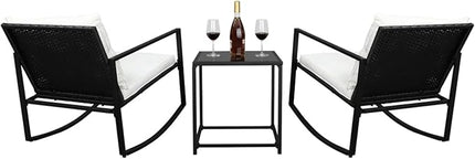 Outvita 3-Piece Rocking Bistro Set, Outdoor Wicker Patio Furniture Set with Glass Coffee Table Perfect for Outdoor Porch, Balcony and Garden (White) - LeafyLoom
