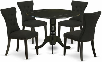 East West Furniture DLGA5-BLK-24 5 Piece Kitchen Table Set for 4 Includes a Round Dining Room Table with Dropleaf and 4 Black Linen Fabric Upholstered Chairs, 42x42 Inch, Black - LeafyLoom