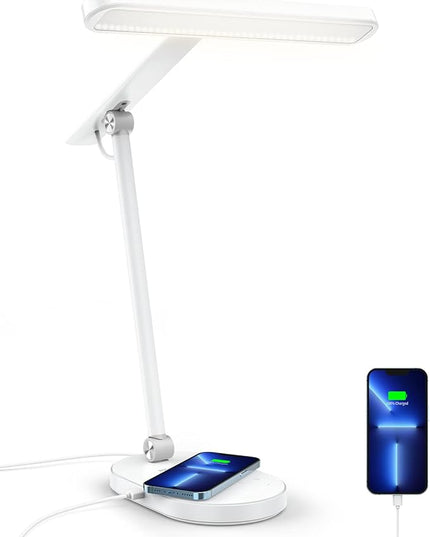 MOMAX LED Desk Lamp with 15W Wireless Charger, Eye-Caring Q.Led Table Lamp with Light Sensor, 1000 Lumens, 10W USB Port, Foldable & Rotatable, Desk Light for Home Office, Reading, Studying (White) - LeafyLoom