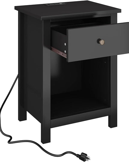 ChooChoo Nightstand with Charging Station, Wooden Top Bedside Table with Drawer and Storage Space for Bedroom, Black - LeafyLoom