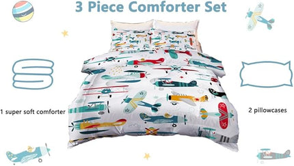 Kids Airplane Comforter Set Twin Size Colorful Cartoon propeller plane Bedding Set Kids Boys Teens Young Man Cartoon Airplanes Down Comforter Aviation Theme Duvet Bedroom Decor - LeafyLoom