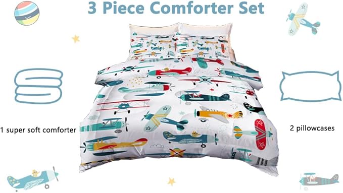 Kids Airplane Comforter Set Twin Size Colorful Cartoon propeller plane Bedding Set Kids Boys Teens Young Man Cartoon Airplanes Down Comforter Aviation Theme Duvet Bedroom Decor - LeafyLoom