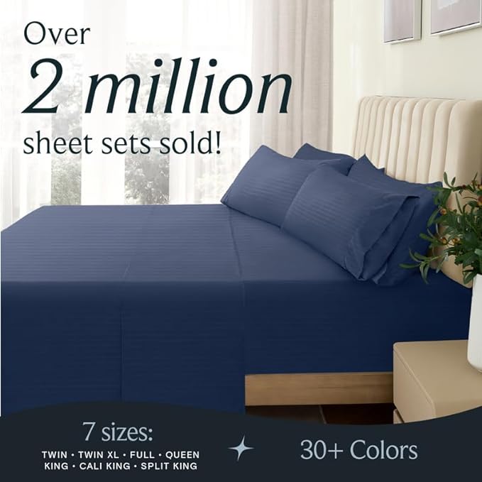LuxClub Striped Sheets, 4 PC Striped Bed Sheets Twin Size, Deep Pockets 18" Eco Friendly Wrinkle Free-Kids-Fitted Sheets Machine Washable Hotel Bedding (Twin, Navy) - LeafyLoom