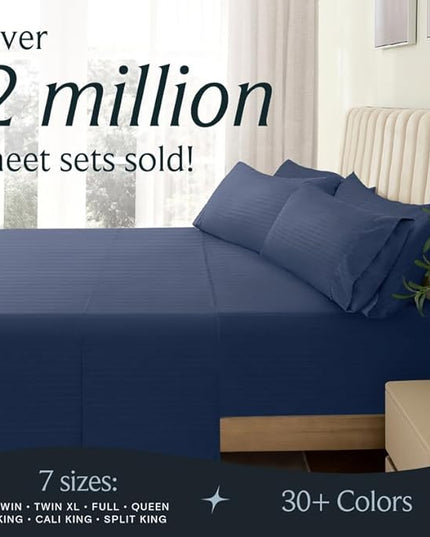 LuxClub 6 PC Cal King Size Sheet Set Bed Sheets, Breathable Luxury Bed Sheets, Deep Pockets 18" Wrinkle Free Cooling Bed Sheets Machine Washable Hotel Bedding (Cal King, Striped Navy) - LeafyLoom