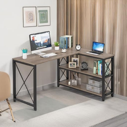 Tribesigns Reversible Industrial L-Shaped Desk with Storage Shelves, Corner Computer Desk PC Laptop Study Table Workstation for Home Office Small Space (Grey, 53") - LeafyLoom