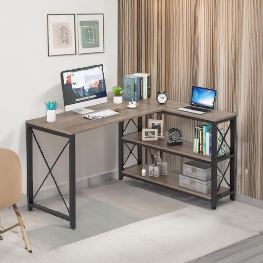 Tribesigns Reversible Industrial L-Shaped Desk with Storage Shelves, Corner Computer Desk PC Laptop Study Table Workstation for Home Office Small Space (Grey, 53") - LeafyLoom