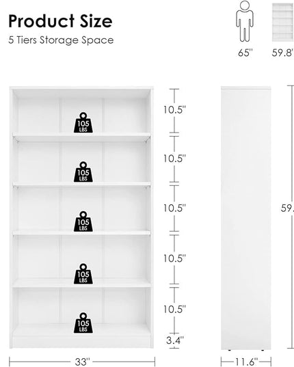 Farini White Bookshelf for Bedroom 5 Shelf Office Bookcase 60 Inches Tall Modern Wood Bookshelf for Living Room 5 Tier Wide Manga Bookshelf Library Bookcase - LeafyLoom