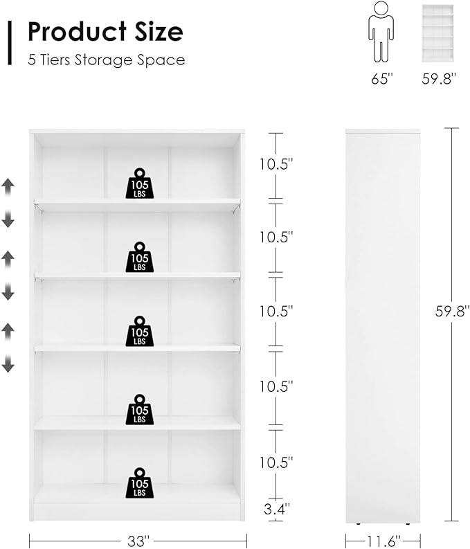 Farini White Bookshelf for Bedroom 5 Shelf Office Bookcase 60 Inches Tall Modern Wood Bookshelf for Living Room 5 Tier Wide Manga Bookshelf Library Bookcase - LeafyLoom