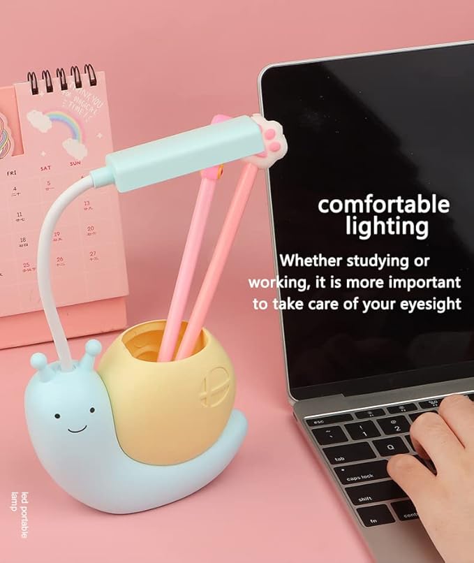 Cute Kids Lamp with Pen Holder,LED Desk Lamp for Child,Snail Shape USB Charging Student Learning Eye Protection Lamp with 360° Bendable Adjustable Neck Yellow - LeafyLoom