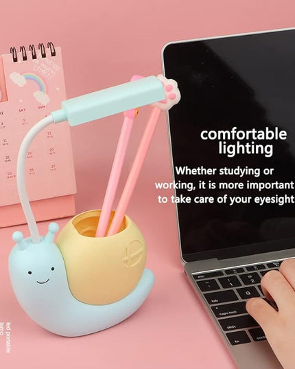Cute Kids Lamp with Pen Holder,LED Desk Lamp for Child,Snail Shape USB Charging Student Learning Eye Protection Lamp with 360° Bendable Adjustable Neck Pink - LeafyLoom