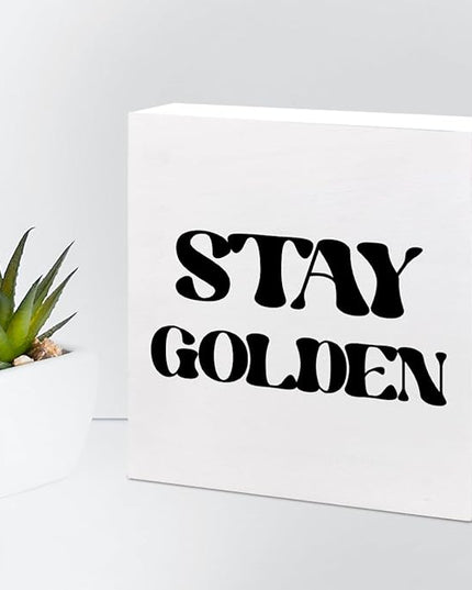 Stay Golden Wood Block Sign Desk Decor,Rustic Positive Wooden Box Plaque Sign Desk Decor for Home Girls Room Office Shelf Table Decor Decorations - LeafyLoom