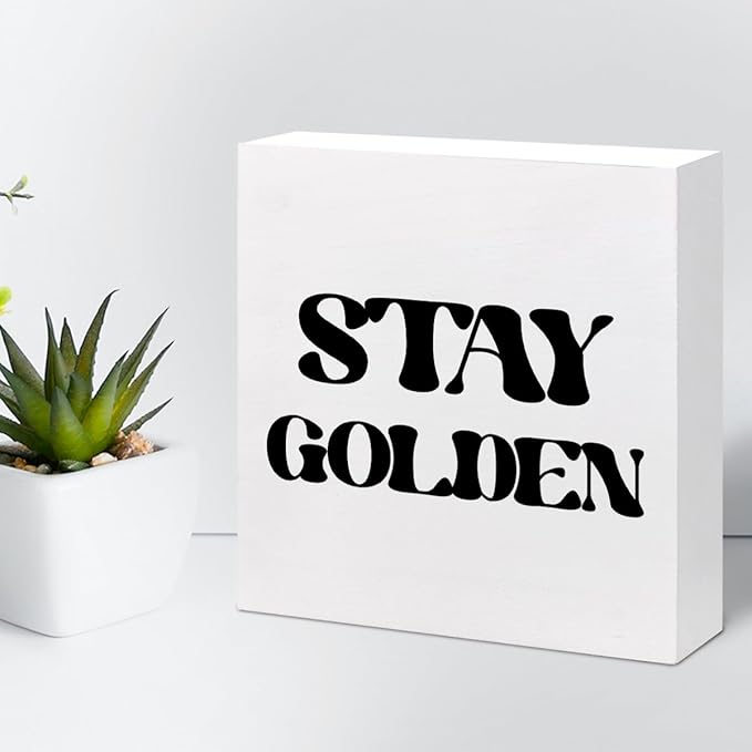 Stay Golden Wood Block Sign Desk Decor,Rustic Positive Wooden Box Plaque Sign Desk Decor for Home Girls Room Office Shelf Table Decor Decorations - LeafyLoom