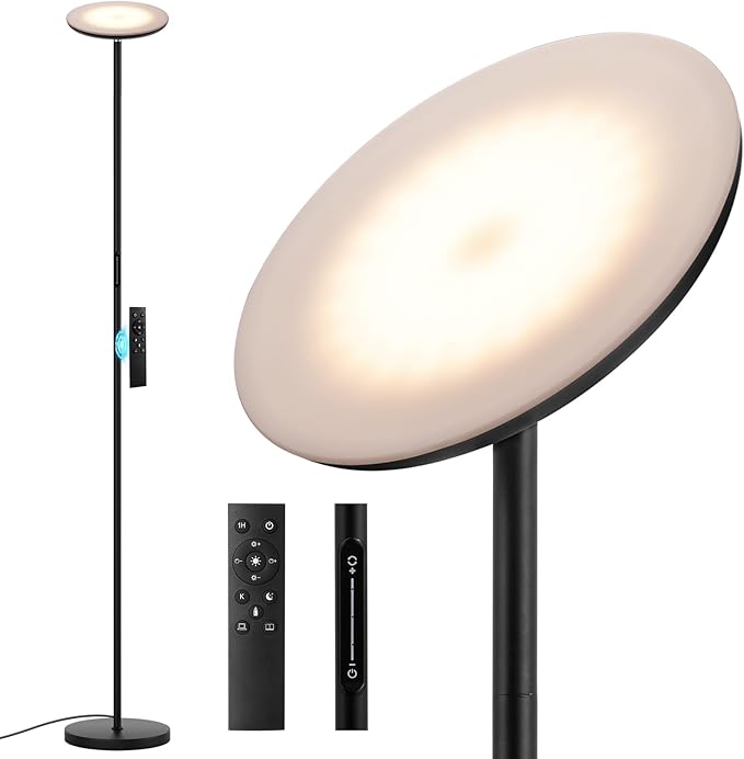Modern LED Floor Lamp - Remote & Touch Control, 40W/2400LM Sky Torchiere Standing Lamp, Fully Dimmable, 3 Color Temperatures, Ideal for Living Room & Bedroom, Easy to Assemble - LeafyLoom