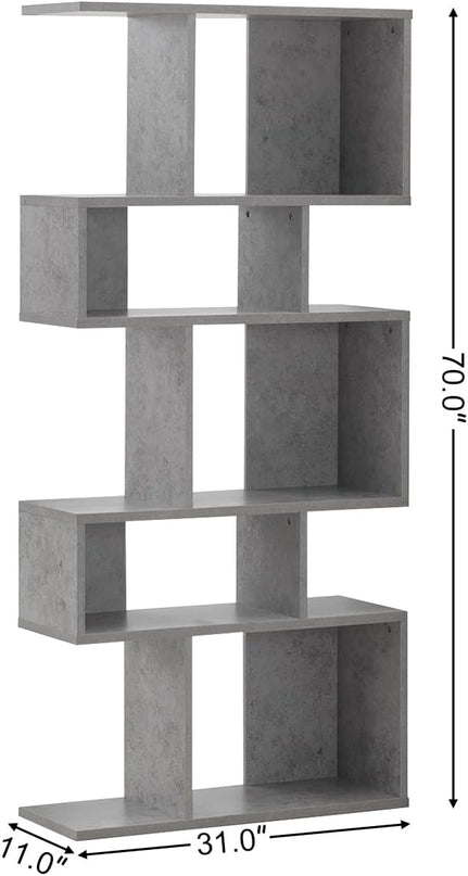 Giantex 5-Tier Geometric Bookshelf Set of 2, 70'' Tall Wood Freestanding Decorative Display Open Shelves with Anti-Tipping Device, Each Shelf Holds up to 44 lbs, Wooden S Shaped Bookcase, Gray - LeafyLoom
