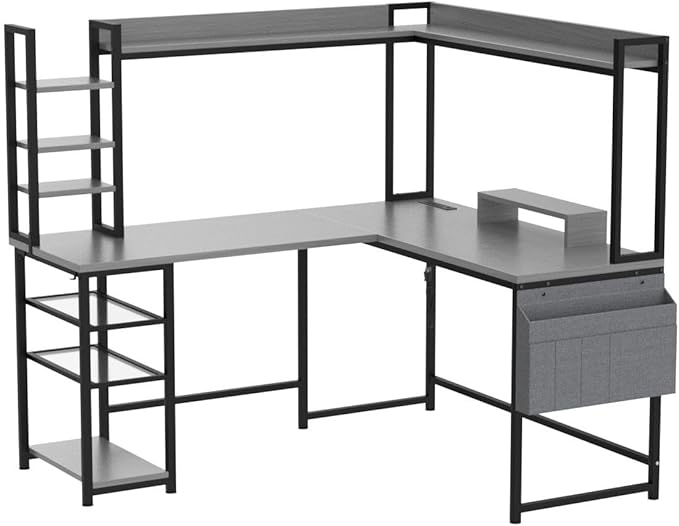 Aheaplus L Shaped Desk with Power Outlet, L Shaped Gaming Desk with Led Light & Hutch, Reversible Home Office Desk, Corner Computer Desk Writing Desk with Monitor Stand & Storage Shelves, White Oak - LeafyLoom