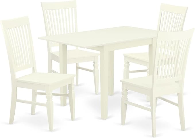 East West Furniture Norden 5 Piece Room Set includes a Rectangle Dining Table with Dropleaf and 4 Wood Seat Chairs, 30x48 Inch, NDWE5-LWH-W - LeafyLoom