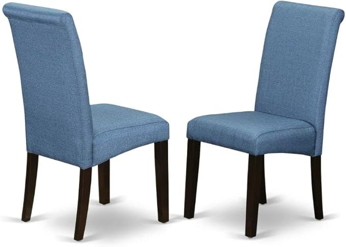 East West Furniture ANBA3-CAP-21 3 Piece Dining Set Contains a Round Kitchen Table with Pedestal and 2 Blue Color Linen Fabric Upholstered Parson Chairs, 36x36 Inch - LeafyLoom