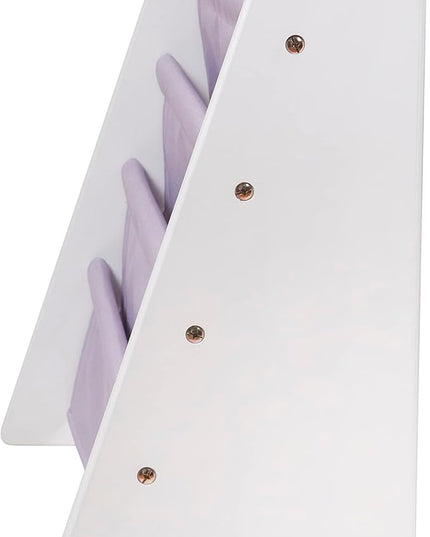 Wildkin Kids Canvas Sling Bookshelf for Boys and Girls, Wooden Design Features Four Fabric Shelves, Keep Bedrooms, Playrooms, and Classrooms Organized, an Ideal Kids Bookshelf (White w/Lilac) - LeafyLoom