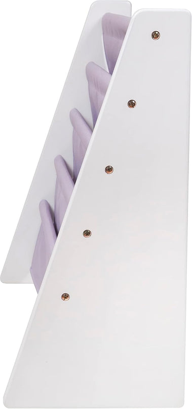 Wildkin Kids Canvas Sling Bookshelf for Boys and Girls, Wooden Design Features Four Fabric Shelves, Keep Bedrooms, Playrooms, and Classrooms Organized, an Ideal Kids Bookshelf (White w/Lilac) - LeafyLoom