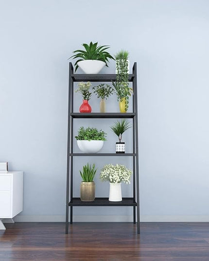 4-Tier Metal Ladder Shelf, Black Ladder Bookshelf Multifunctional Ladder-Shaped Plant Flower Stand Industrial Organizer Rack Storage Shelves for Living Room, Bedroom, Office - LeafyLoom