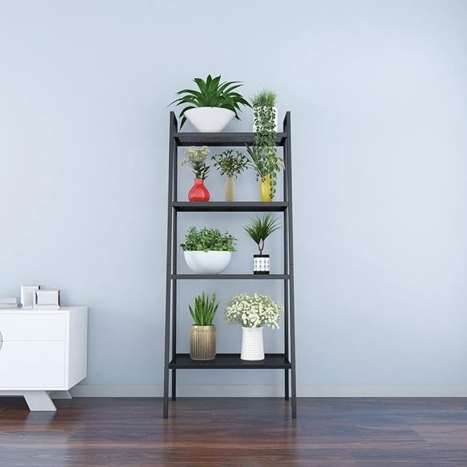 4-Tier Metal Ladder Shelf, Black Ladder Bookshelf Multifunctional Ladder-Shaped Plant Flower Stand Industrial Organizer Rack Storage Shelves for Living Room, Bedroom, Office - LeafyLoom