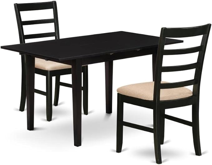 East West Furniture NOPF3-BLK-C 3 Piece Dining Room Table Set Contains a Rectangle Kitchen Table with Butterfly Leaf and 2 Linen Fabric Upholstered Chairs, 32x54 Inch, Black - LeafyLoom