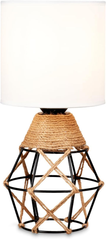 Hamilyeah Boho Lamp, Woven Table Lamp for Nightstand with On/Off Switch, Bedroom Lamp with White Fabric Shade, Simple Lamp for Bedside, Living Room - LeafyLoom