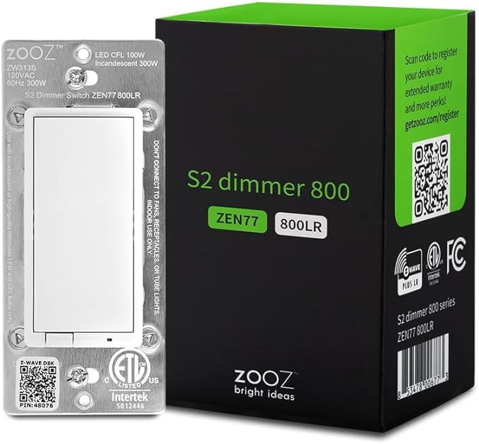 Zooz 800 Series Z-Wave Long Range S2 Dimmer Switch ZEN77 800LR, White | Simple Direct 3-Way and 4-Way Solution (Works with Regular Switches, No Aux Switch Needed) | Z-Wave Hub Required ZOOZ