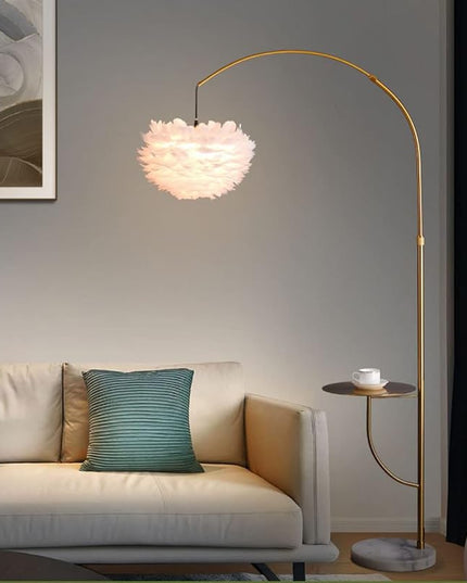 White Feather Floor Lamp with Table,Great Floor Light Height Adjustable (Gold) - LeafyLoom