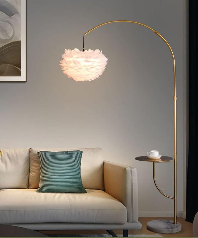 White Feather Floor Lamp with Table,Great Floor Light Height Adjustable (Gold) - LeafyLoom