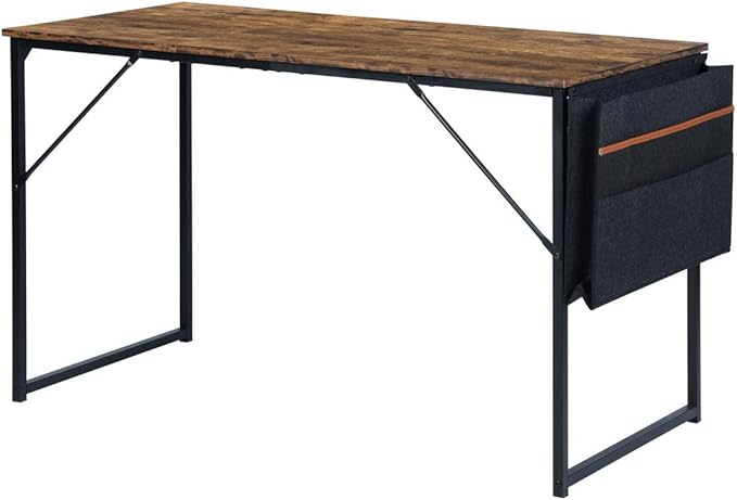 FurnitureR 39.4 inch Small Study Writing Table with Storage Bag Space Saving for Home Office, Modern PC Metal Frame Computer Desk, Brown - LeafyLoom