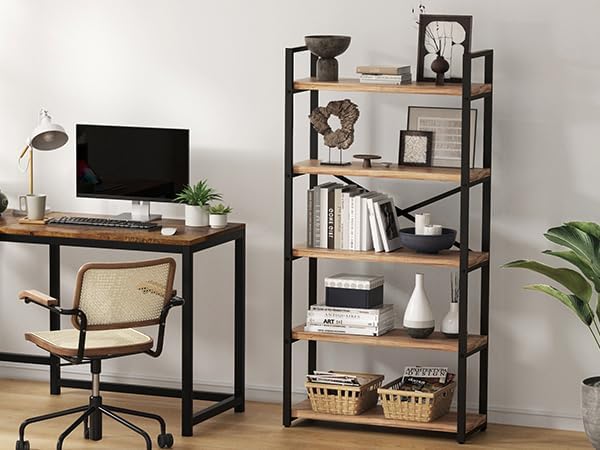 5 Tier Solid Real Wood Bookshelf Rustic Industrial Style, Wooden Storage Shelves Etagere Bookcase Book Shelf Display Shelf for Home Office, Dark Brown - LeafyLoom