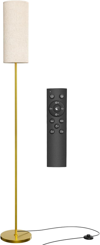 Floor Lamp for Living Room, Modern Standing lamp with Remote Control, Stepless Dimmable 12W Bulb & Beige Lampshade Included, Gold Pole Tall Floor Lamp for Bedroom Office - LeafyLoom