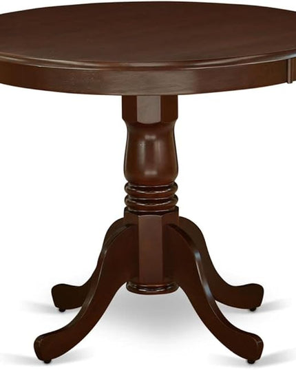 East West Furniture ANEN5-MAH-18 Antique 5 Piece Set for 4 Includes a Round Kitchen Table with Pedestal and 4 Dark Coffee Linen Fabric Parson Dining Chairs, 36x36 Inch - LeafyLoom