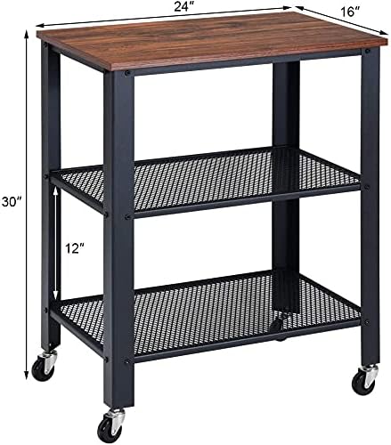 Kitchen Cart, Industrial Microwave Cart, 3-Tier Rolling Utility Cart on Wheels with Metal Frame Wooden Table and Two Grid Storage Shelves for Kitchen and Living Room, Bedroom (Brown) - LeafyLoom