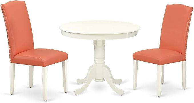 East West Furniture ANEN3-LWH-78 Antique 3 Piece Set Contains a Round Kitchen Table with Pedestal and 2 Pink Flamingo Faux Leather Parson Dining Chairs, 36x36 Inch - LeafyLoom