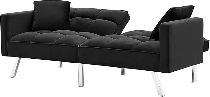Futon Sofa Bed Living Room Furniture Sets 74" Modern Convertible Folding Lounge Couch Loveseat Daybed Upholstered Sofá with 2 Pillows for Bedroom Apartment,Home Office,Black - LeafyLoom