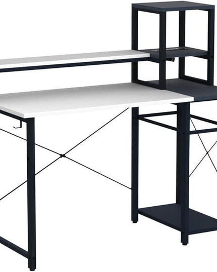 armocity 2024 Upgrade Gaming Desk with LED Lights, Small Computer Desk with Long Monitor Stand, 40'' Reversible Laptop Table with Shelves, Small Desk for Small Spaces, Gaming Room, White and Blue - LeafyLoom