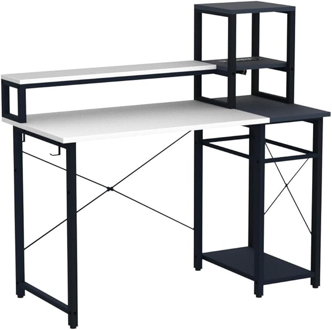 armocity 2024 Upgrade Gaming Desk with LED Lights, Small Computer Desk with Long Monitor Stand, 40'' Reversible Laptop Table with Shelves, Small Desk for Small Spaces, Gaming Room, White and Blue - LeafyLoom