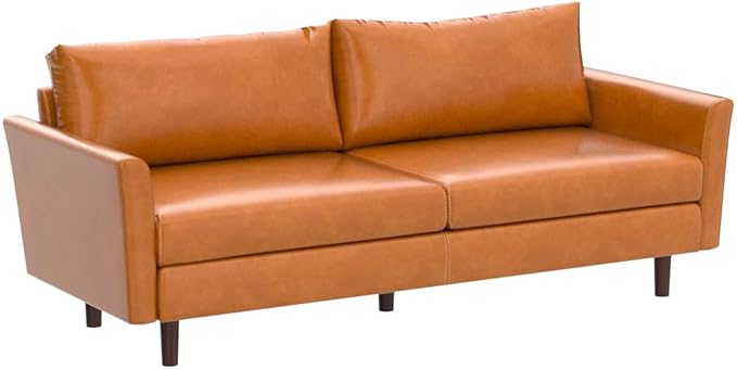 Dreamsir 80'' Faux Leather Sofa Couch, Mid-Century Modern Sofa with Solid Wooden Frame & Padded Cushions, 3-Seater Couch for Living Room, Apartment, Lounge Room (Camel) - LeafyLoom