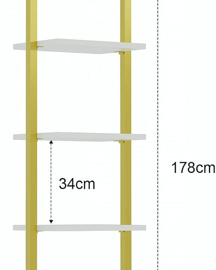 YMYNY 5 Tiers Ladder Bookcase, Industrial Wall Mounted Bookshelf, Open Display Rack with Metal Frame, Wooden Storage Shelves for Bedroom, Home Office, Living Room, White+Gold, 70*17.3*11.8"UHBC015W - LeafyLoom