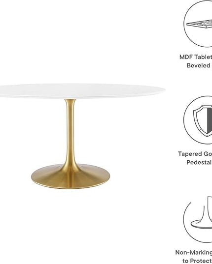 Modway Lippa 60" Oval-Shaped Mid-Century Modern Dining Table with White Wood Top and Gold Base - LeafyLoom