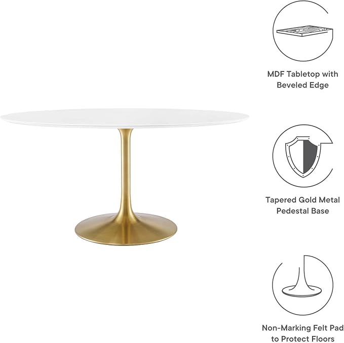 Modway Lippa 60" Oval-Shaped Mid-Century Modern Dining Table with White Wood Top and Gold Base - LeafyLoom