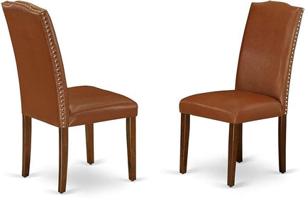 East West Furniture Antique 3 Piece Room Furniture Set Contains a Round Dining Table with Pedestal and 2 Brown Faux Leather Upholstered Chairs, 36x36 Inch, ANEN3-MAH-66 - LeafyLoom