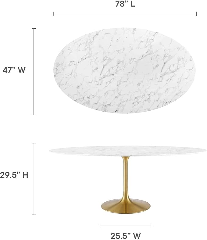 Modway Lippa 78" Oval-Shaped Mid-Century Modern Dining Table with Artificial Marble Top and Gold Base - LeafyLoom